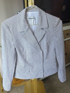 Bloomingdale's  Seersucker Double-Breasted Blazer White & Grey 6 petite